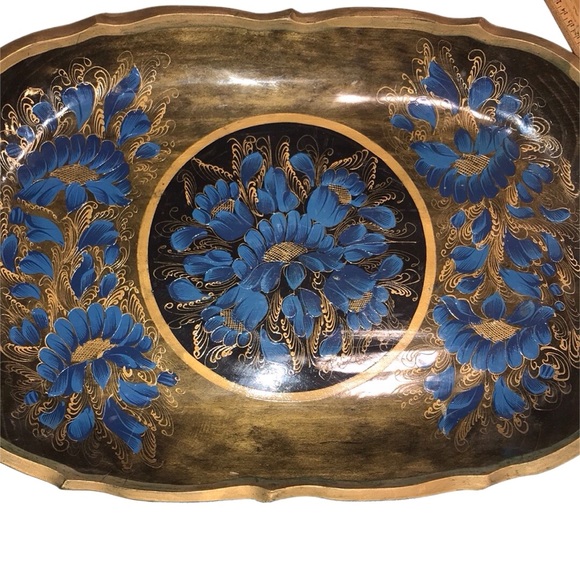 Wooden Mexican Batea Tray Blue Floral Lacquered Handmade Floral Folk A… - Picture 2 of 14